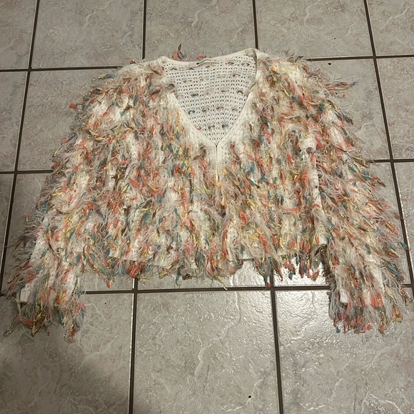 Impeccable Pig Ivory Cream Shaggy Funfetti Fringe Macramé Knit Cardigan Sweater - Picture 3 of 7